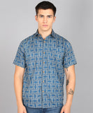 BLOCKS OF INDIA Cotton Hand Block Print Half Sleeves Summer Shirt for Men (Blue Eye)