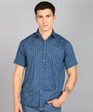 BLOCKS OF INDIA Cotton Hand Block Print Half Sleeves Summer Shirt for Men Blue Triangle