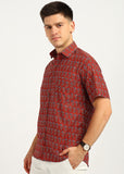 BLOCKS OF INDIA Cotton Hand Block Print Half Sleeves Summer Shirt for Men Red Turq Flr
