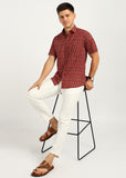 BLOCKS OF INDIA Cotton Hand Block Print Half Sleeves Summer Shirt for Men Red Turq Flr