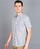 BLOCKS OF INDIA Cotton Hand Block Print Half Sleeves Summer Shirt for Men (Grey Ikat)