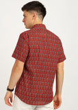 BLOCKS OF INDIA Cotton Hand Block Print Half Sleeves Summer Shirt for Men Red Turq Flr