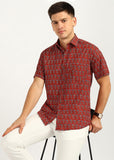 BLOCKS OF INDIA Cotton Hand Block Print Half Sleeves Summer Shirt for Men Red Turq Flr
