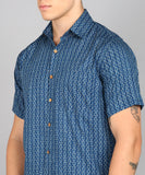 BLOCKS OF INDIA Cotton Hand Block Print Half Sleeves Summer Shirt for Men Blue Triangle