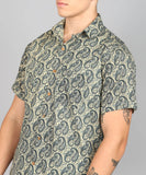 BLOCKS OF INDIA Cotton Hand Block Print Half Sleeves Summer Shirt for Men Grey Yellow Kairi