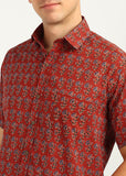 BLOCKS OF INDIA Cotton Hand Block Print Half Sleeves Summer Shirt for Men Red Turq Flr
