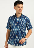 BLOCKS OF INDIA Cotton Hand Block Print Half Sleeves Summer Shirt for Men Blue Patti