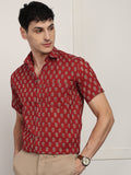 BLOCKS OF INDIA Cotton Hand Block Print Half Sleeves Summer Shirt for Men Red Turq Buti