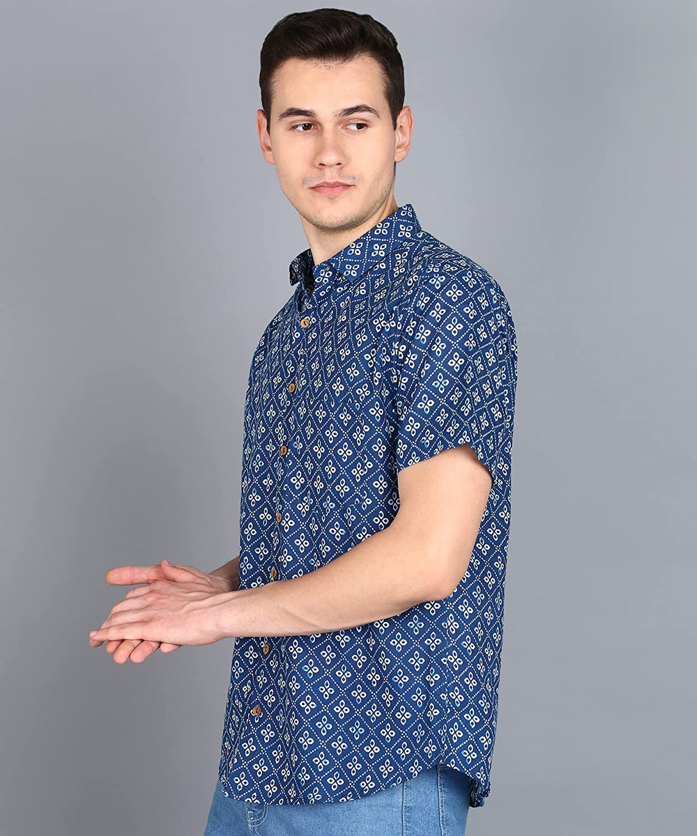 Brown - Half Sleeve Cotton Men Hand Block Batik Print Shirt 02