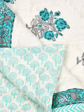 Cotton Medium/Queen Size Quilt Hand Block Print for Light Winters (70 x 100 Inches) (Turquoise Buta)