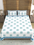 Hand Block Printed 40's Cotton Super King Size Bedsheet(290 x 290) (116 Blue Green Bird)