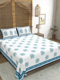 Hand Block Printed 40's Cotton Super King Size Bedsheet(290 x 290) (116 Blue Green Bird)