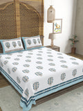 Hand Block Printed 40's Cotton Super King Size Bedsheet(290 x 290) (116 Blue Grey Motif)