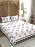 Hand Block Printed 40's Cotton Super King Size Bedsheet(290x 290) (116 Green Flower)