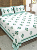 Hand Block Printed 40's Cotton Super King Size Bedsheet(290 x 290) (116 Green Turquoise Flower)