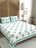 Hand Block Printed 40's Cotton Super King Size Bedsheet(290 x 290) (116 Green Turquoise Flower)
