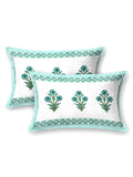 Hand Block Printed 40's Cotton Super King Size Bedsheet(290 x 290) (116 Green Turquoise Flower)