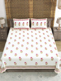 Hand Block Printed 40's Cotton Super King Size Bedsheet(290 x 290) (116 Pink Cream Flower)