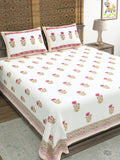 Hand Block Printed 40's Cotton Super King Size Bedsheet(290 x 290) (116 Pink Cream Flower)