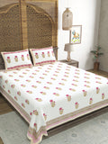 Hand Block Printed 40's Cotton Super King Size Bedsheet(290 x 290) (116 Pink Cream Flower)