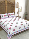 Hand Block Printed 40's Cotton Super King Size Bedsheet(290 x 290) (116 Pink Green Bunch)