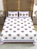 Hand Block Printed 40's Cotton Super King Size Bedsheet(290 x 290) (116 Pink Green Bunch)