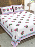 Hand Block Printed 40's Cotton Super King Size Bedsheet(290 x 290) (116 Pink Green Bunch)