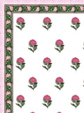 Hand Block Printed 40's Cotton Super King Size Bedsheet(290 x 290) (116 Pink Green Rose)