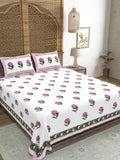 Hand Block Printed 40's Cotton Super King Size Bedsheet(290 x 290) (116 Pink Green Rose)