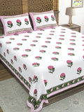 Hand Block Printed 40's Cotton Super King Size Bedsheet(290 x 290) (116 Pink Green Rose)
