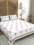 Hand Block Printed 40's Cotton Super King Size Bedsheet(290 x 290) (116 Turquoise Flower)