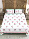 Hand Block Printed 40's Cotton Super King Size Bedsheet(290 x 290) (116 Turquoise Flower)