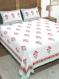 Hand Block Printed 40's Cotton Super King Size Bedsheet(290 x 290) (116 Turquoise Flower)