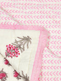 Cotton Medium/Queen Size Quilt Hand Block Print for Light Winters (70 x 100 Inches) (Pink Rose)