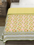 Cotton Single Size Quilt Hand Block Print for Light Winters (150x225 cm) (Green gad buti)