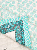 Cotton Medium/Queen Size Quilt Hand Block Print for Light Winters (70 x 100 Inches) (Turquoise Buta)