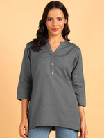 BLOCKS OF INDIA Cotton Hand Solid Color Kurti for Women - Grey