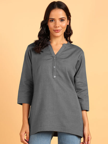 BLOCKS OF INDIA Cotton Hand Solid Color Kurti for Women - Grey