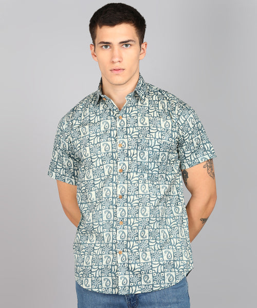 BLOCKS OF INDIA Cotton Hand Block Print Half Sleeves Summer Shirt for Men Grey Blocks