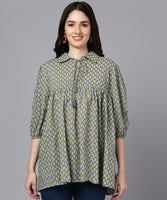 BLOCKS OF INDIA Cotton Block Print Oversized Short Kurti TOP for Women/Girls (Green buti)