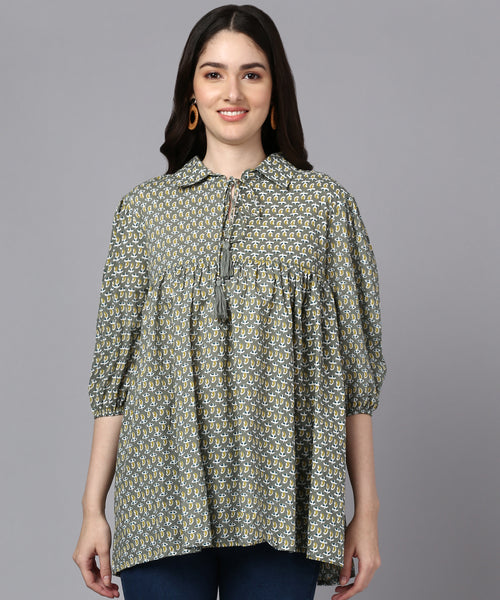BLOCKS OF INDIA Cotton Block Print Oversized Short Kurti TOP for Women/Girls (Green buti)