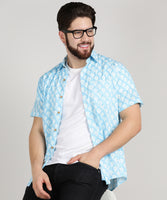 BLOCKS OF INDIA Cotton Hand Block Print Half Sleeves Summer Shirt for Men (White Blue Buti)