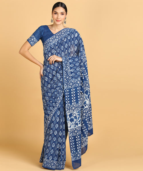 BLOCKS OF INDIA Hand Block Print Cotton Sarees For Women with Unstitched Blouse Piece Color 12