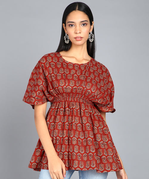 BLOCKS OF INDIA Cotton Hand Printed Short Kurti top for Women Red Buti