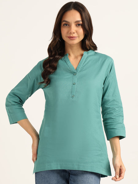 BLOCKS OF INDIA Cotton Hand Solid Color Kurti for Women - Green
