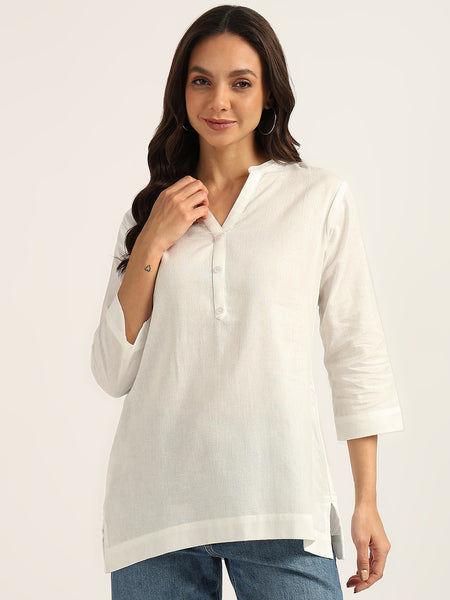 BLOCKS OF INDIA Cotton Hand Solid Color Kurti for Women - White