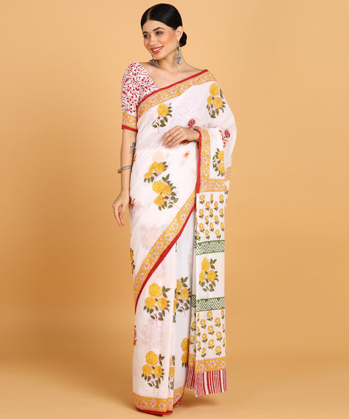 BLOCKS OF INDIA Hand Block Print Cotton Sarees For Women with Unstitched Blouse Piece Color 15