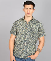 BLOCKS OF INDIA Cotton Hand Block Print Half Sleeves Summer Shirt for Men Grey Yellow Kairi