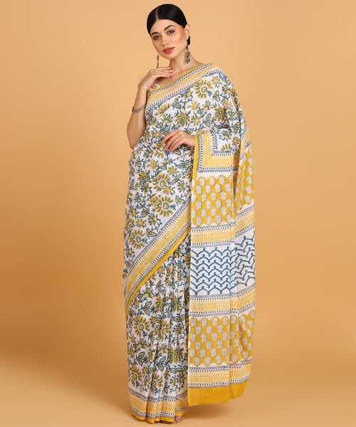 BLOCKS OF INDIA Hand Block Print Cotton Sarees For Women with Unstitched Blouse Piece Color 14