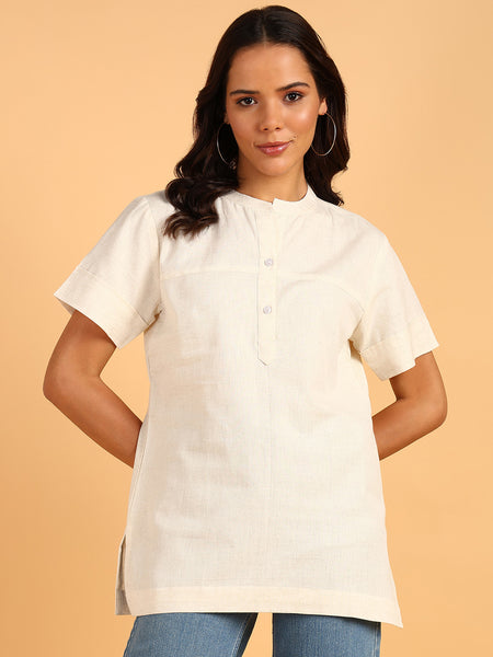 BLOCKS OF INDIA Cotton Solid Color Top for Women - Natural White